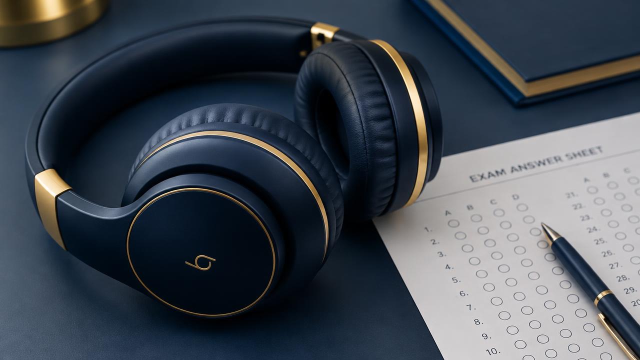 Headphones beside an exam answer sheet