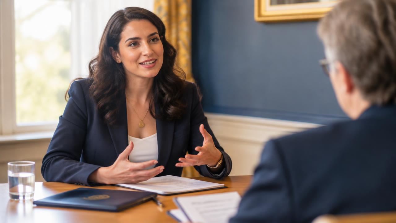 A candidate speaking confidently to an examiner